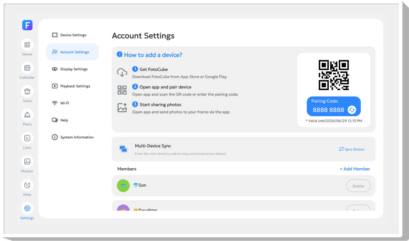 FotoCube Account Settings screen