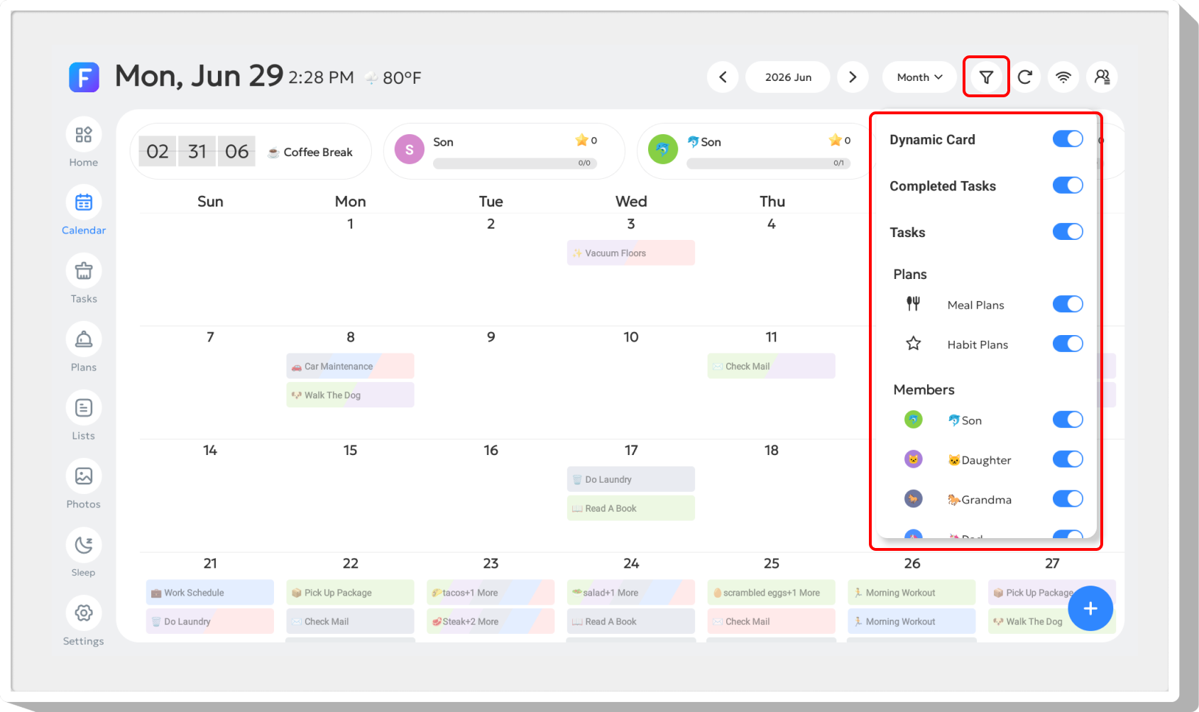 Calendar filter panel with content toggles