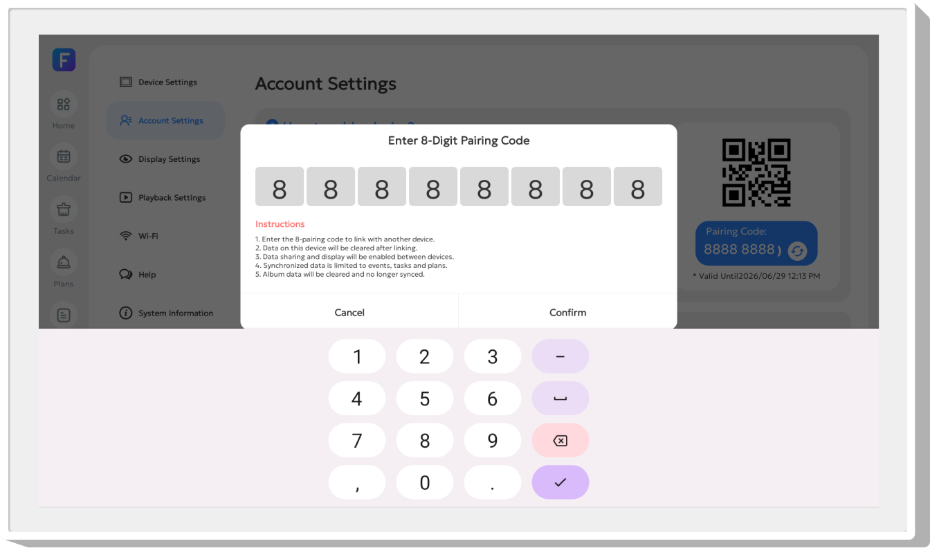 Enter 8-digit pairing code screen