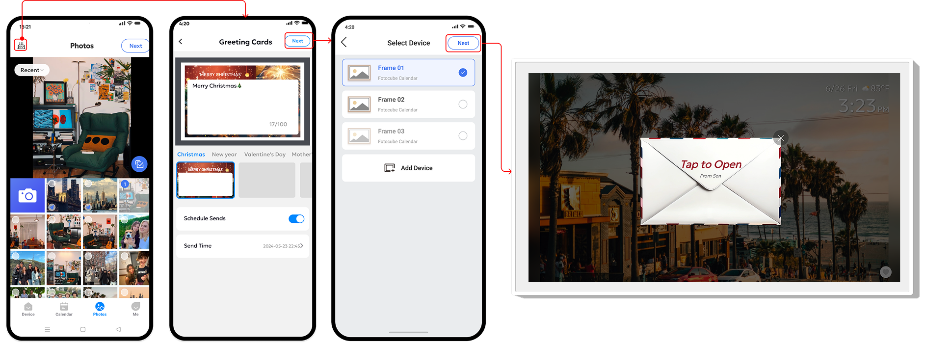 Create a greeting in the FotoCube app and send it to a selected device