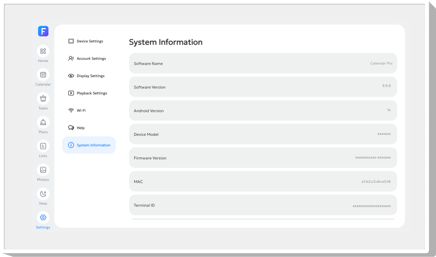 FotoCube System Information screen